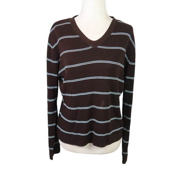 Vintage 90s Club Monaco brown and blue striped knit v-neck sweater Women S - Picture 2 of 6